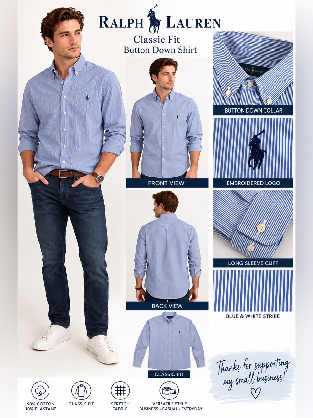 Ralph Lauren Men’s XL Classic Fit Blue White Stripe Stretch Button Down Shirt